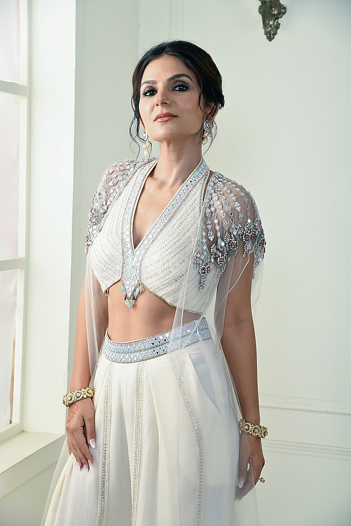 Ecru Net Embellished Cape Set by Q by Sonia Baderia at Pernia's Pop Up Shop