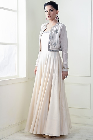 Ecru Chanderi Anarkali Set by q by sonia baderia-MORE FROM Q by Sonia Baderia