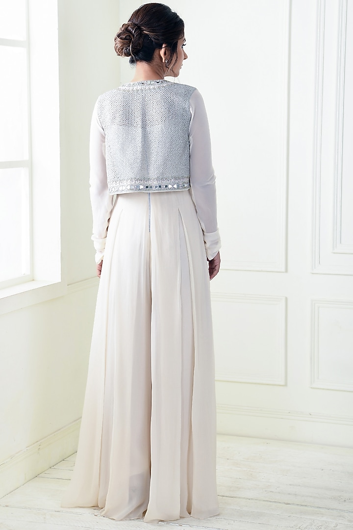 Ecru Crepe Embroidered Jumpsuit With Jacket by Q by Sonia Baderia at Pernia's Pop Up Shop