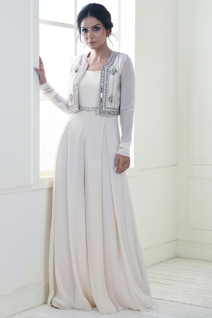 Ecru Crepe Embroidered Jumpsuit With Jacket by Q by Sonia Baderia at Pernia's Pop Up Shop