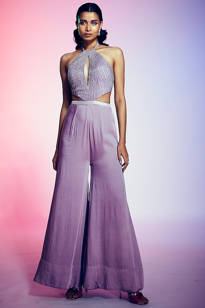 Lilac Embroidered Jumpsuit by Q by Sonia Baderia
