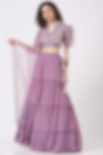 Lilac Crepe Tiered Wedding Lehenga Set by Q by Sonia Baderia at Pernia's Pop Up Shop