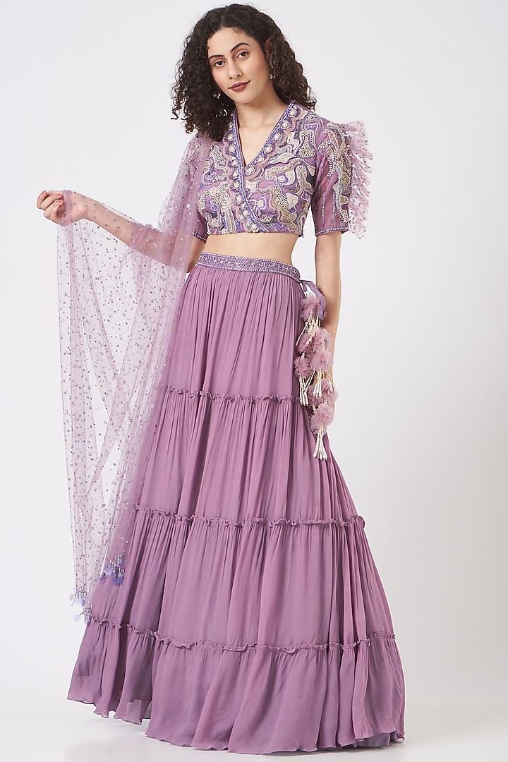 Lilac Crepe Tiered Wedding Lehenga Set by Q by Sonia Baderia at Pernia's Pop Up Shop