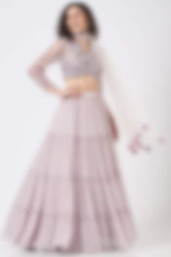 Light Lilac Crepe Tiered Lehenga Set by Q by Sonia Baderia
