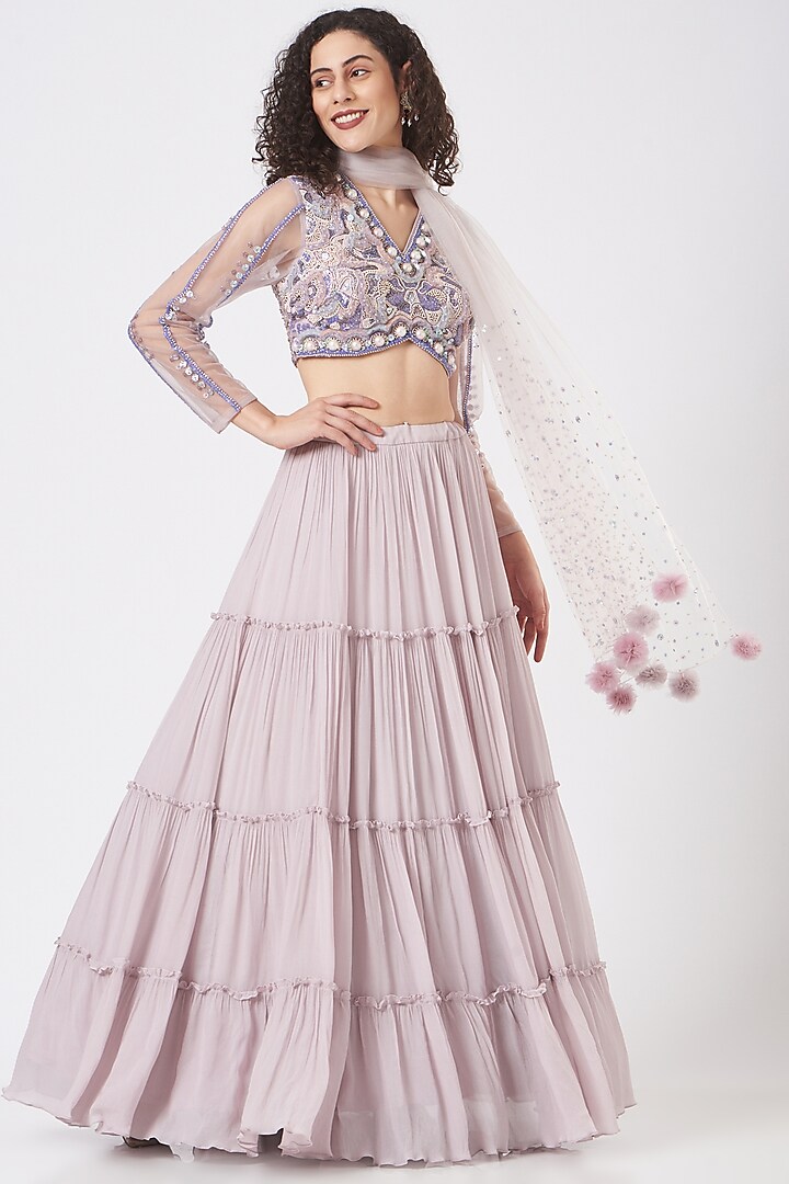 Light Lilac Crepe Tiered Lehenga Set by Q by Sonia Baderia