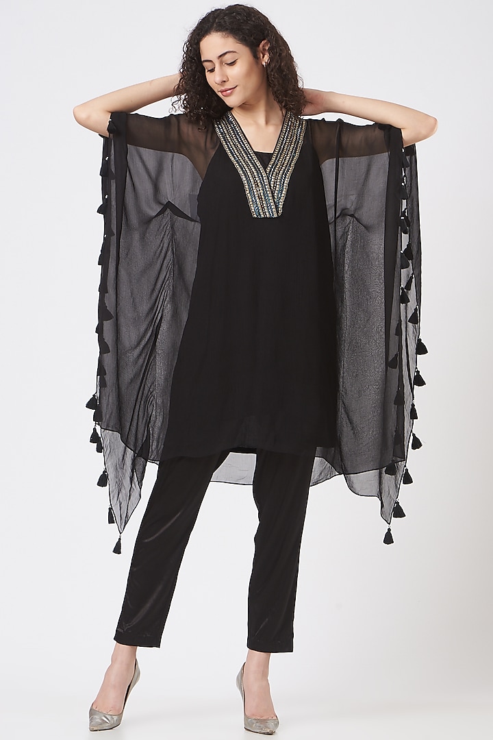 Black Chiffon Embroidered Kaftan Set by Q by Sonia Baderia