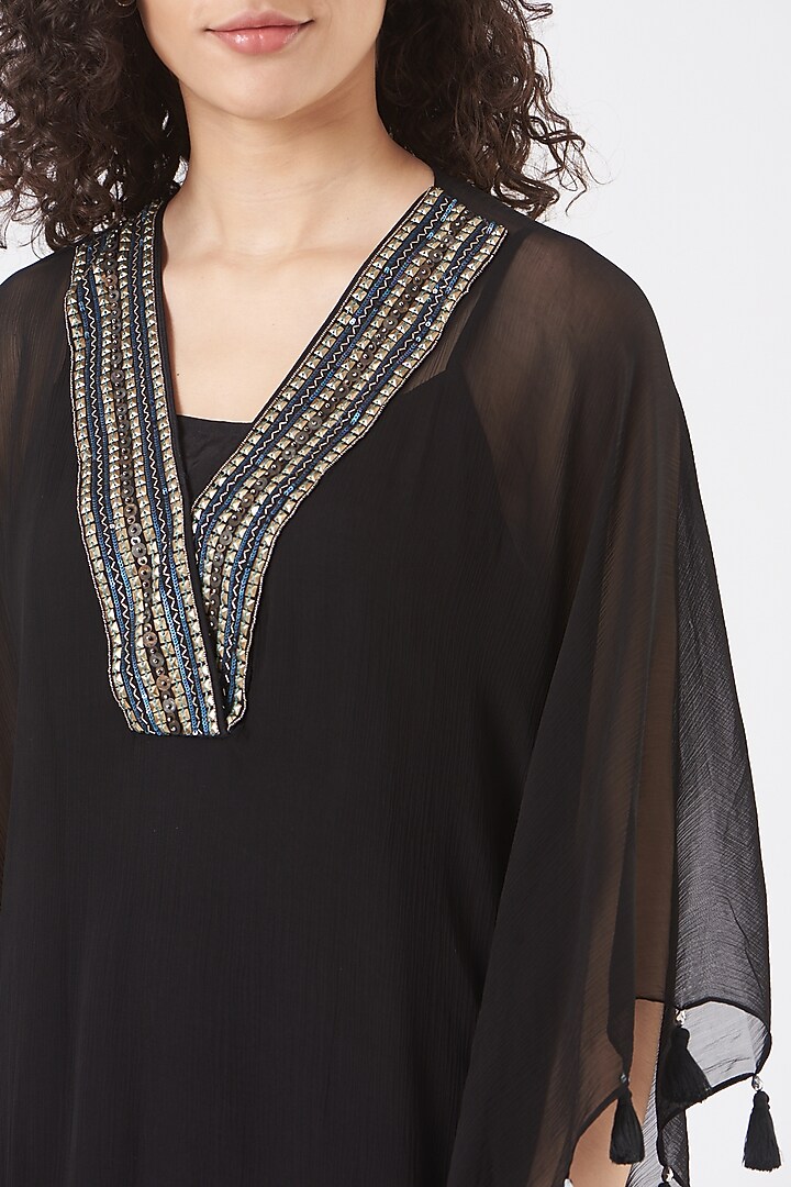 Black Chiffon Embroidered Kaftan Set by Q by Sonia Baderia at Pernia's Pop Up Shop
