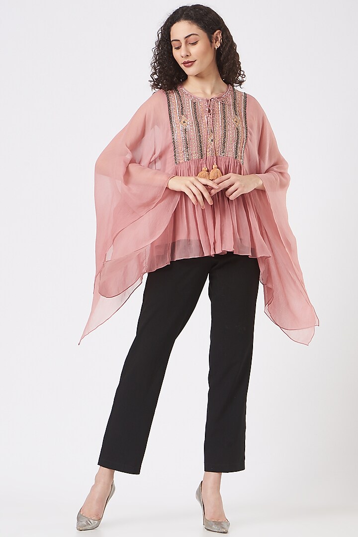 Rose Pink Embroidered Kaftan Top by Q by Sonia Baderia at Pernia's Pop Up Shop