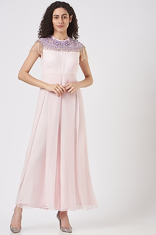 Candy Pink Chiffon Embroidered Jumpsuit by Q by Sonia Baderia