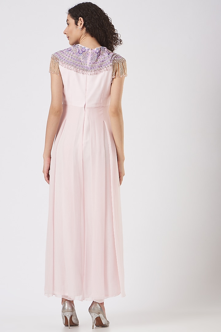 Candy Pink Chiffon Embroidered Jumpsuit by Q by Sonia Baderia at Pernia's Pop Up Shop