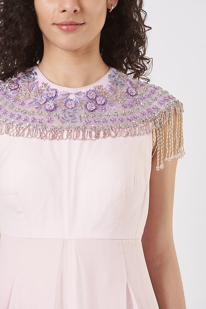 Candy Pink Chiffon Embroidered Jumpsuit by Q by Sonia Baderia at Pernia's Pop Up Shop