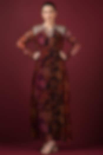 Maroon Chiffon Embroidered & Printed Gown by Q by Sonia Baderia