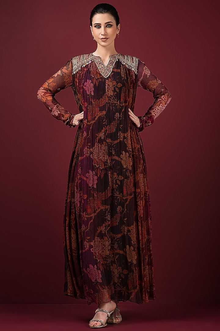 Maroon Chiffon Embroidered & Printed Gown by Q by Sonia Baderia