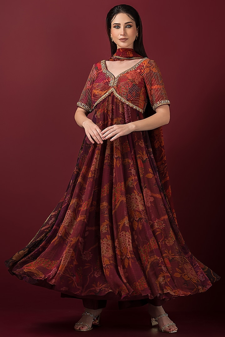 Maroon Chiffon Embroidered & Printed Anarkali Set by Q by Sonia Baderia at Pernia's Pop Up Shop