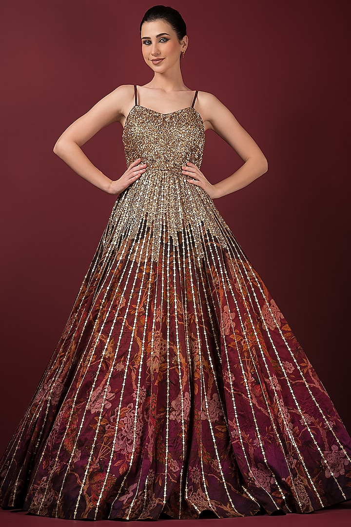 Maroon Raw Silk Sequins Embroidered & Printed Gown by Q by Sonia Baderia at Pernia's Pop Up Shop