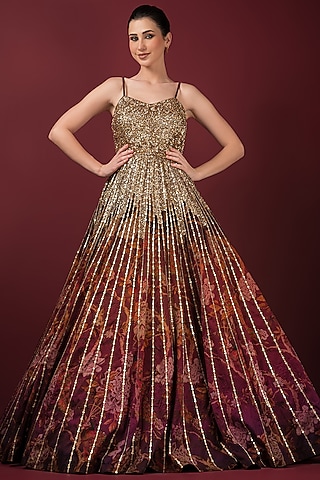 Maroon Raw Silk Sequins Embroidered & Printed Gown by Q by Sonia Baderia