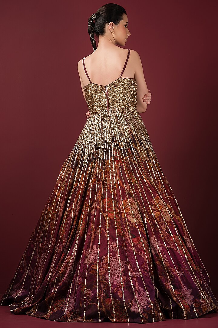 Maroon Raw Silk Sequins Embroidered & Printed Wedding Gown by Q by Sonia Baderia at Pernia's Pop Up Shop