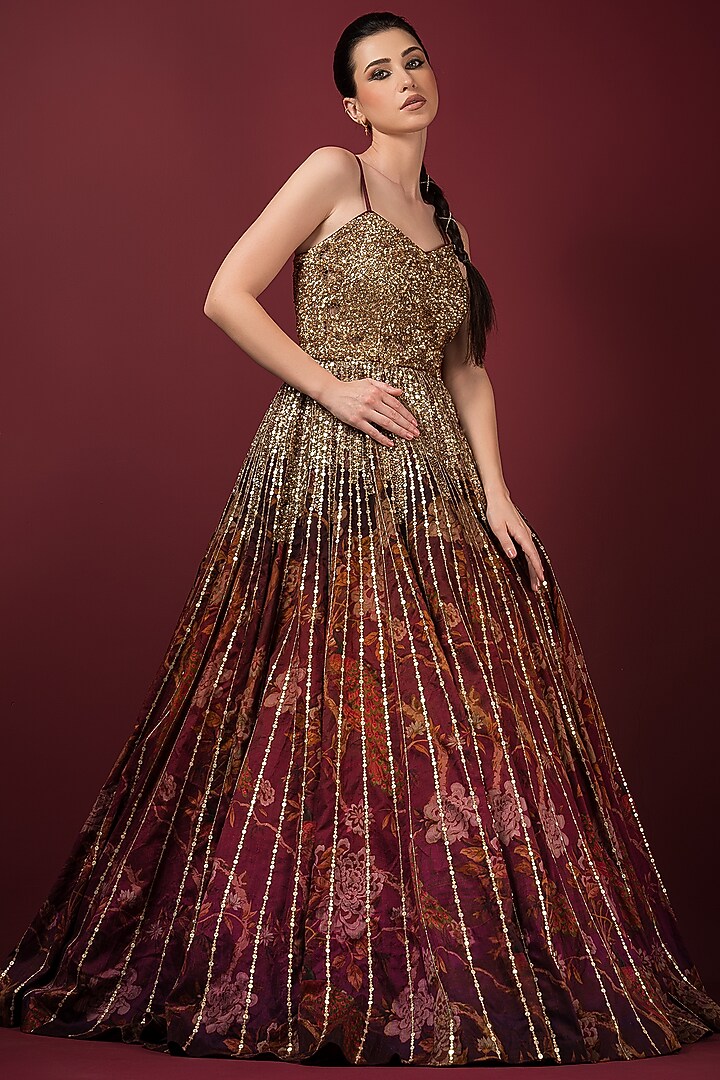 Maroon Raw Silk Sequins Embroidered & Printed Wedding Gown by Q by Sonia Baderia at Pernia's Pop Up Shop