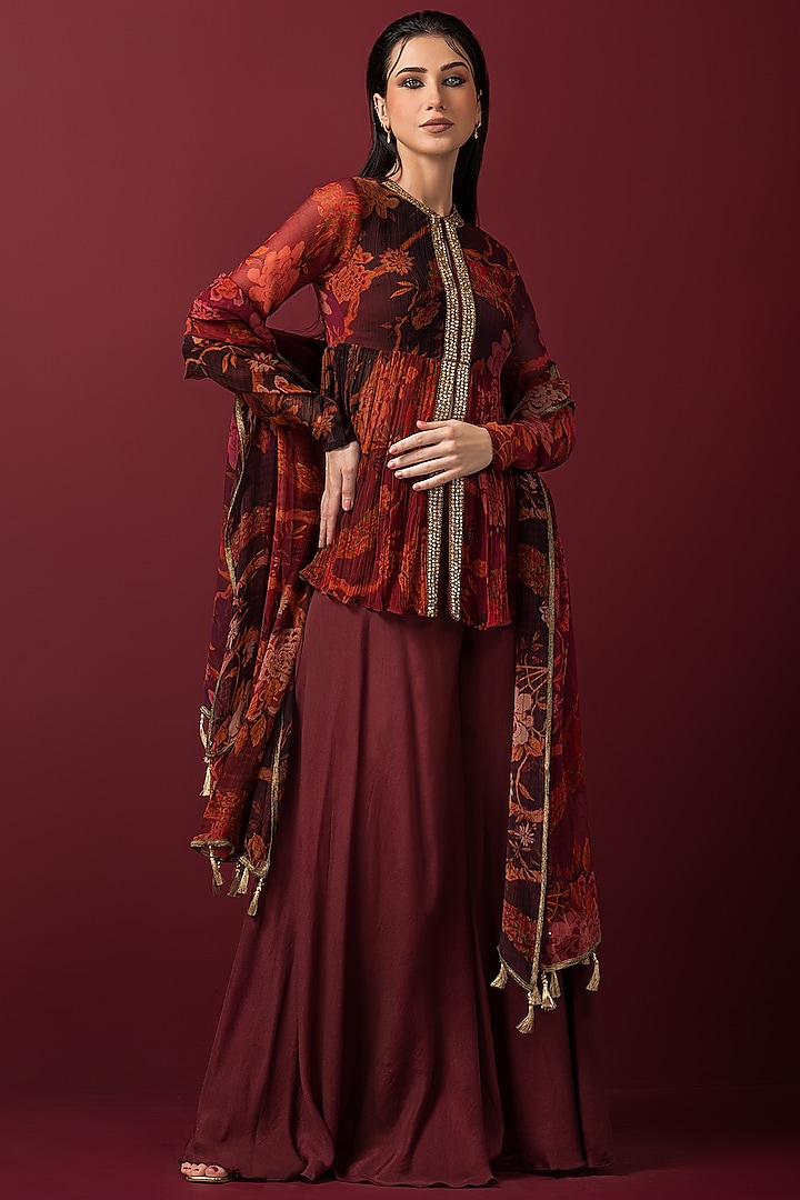 Maroon Crepe Sharara Set by Q by Sonia Baderia at Pernia's Pop Up Shop