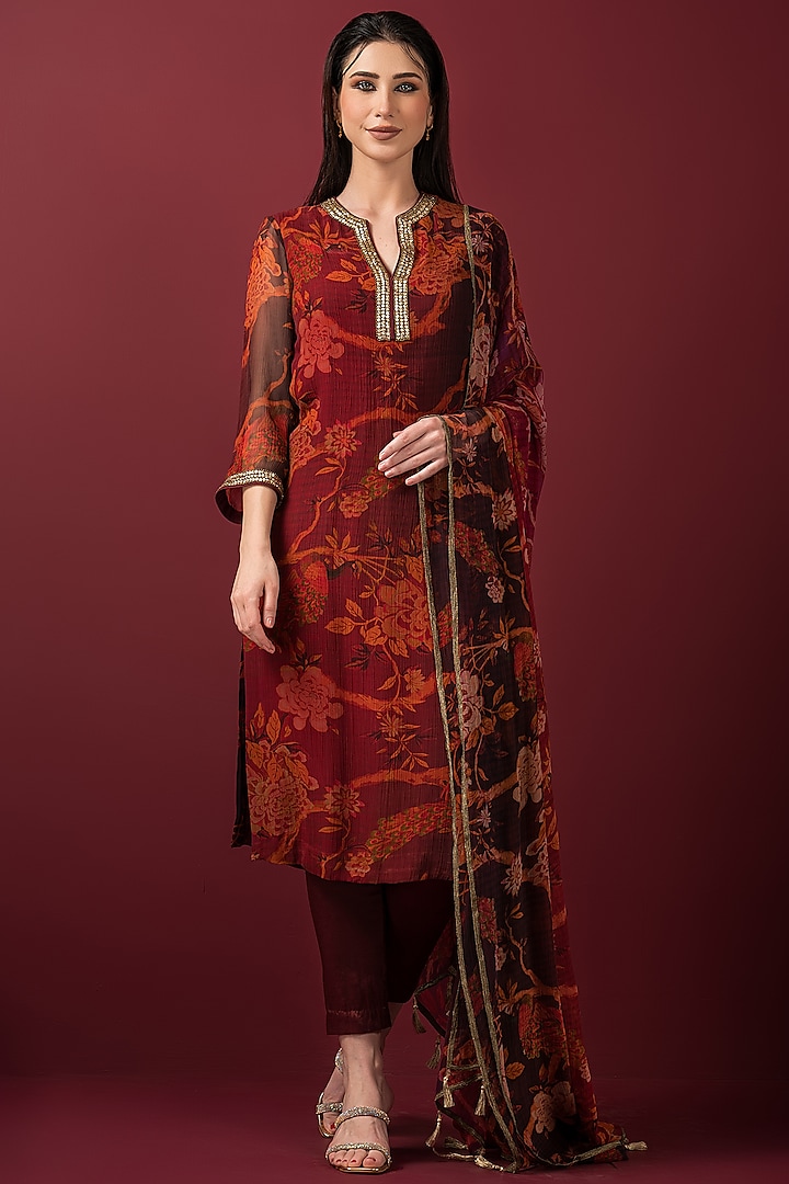 Maroon Chiffon Embroidered & Printed Kurta Set by Q by Sonia Baderia