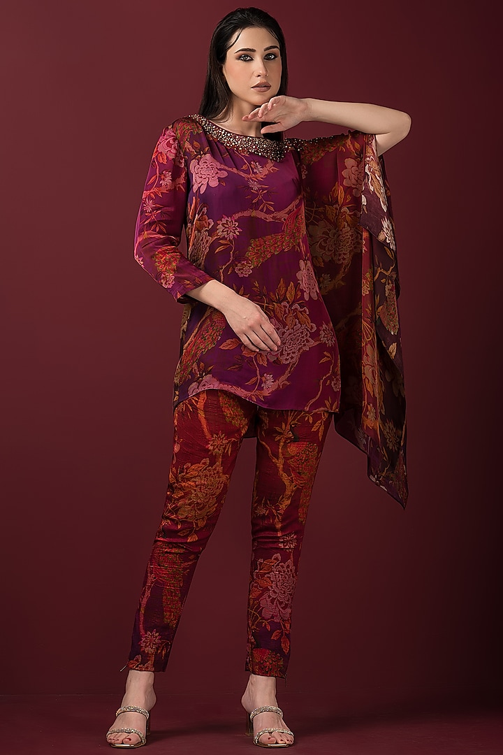 Maroon Satin Printed & Embroidered Co-Ord Set by Q by Sonia Baderia