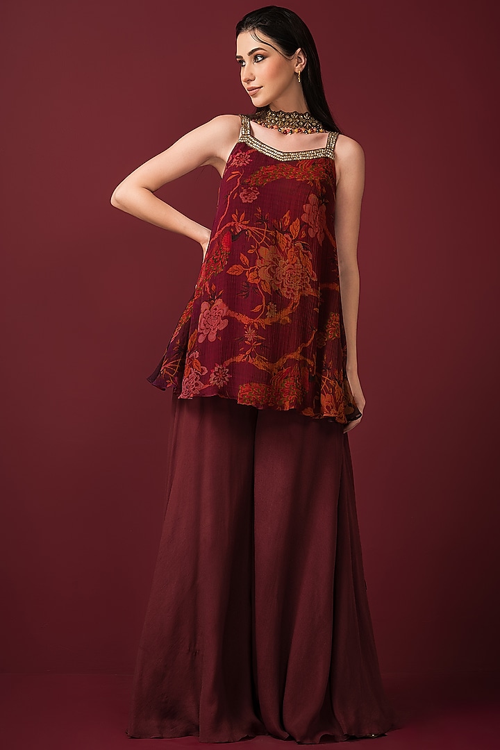 Maroon Crepe Sharara Set by Q by Sonia Baderia at Pernia's Pop Up Shop