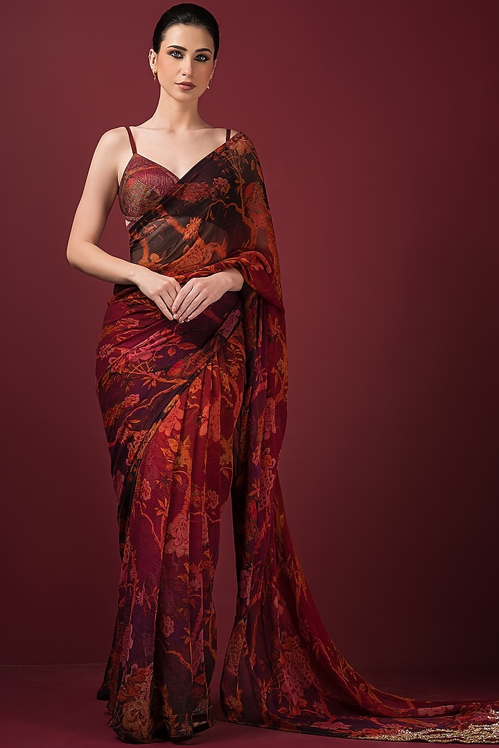 Maroon Chiffon Printed & Embroidered Saree Set by Q by Sonia Baderia at Pernia's Pop Up Shop