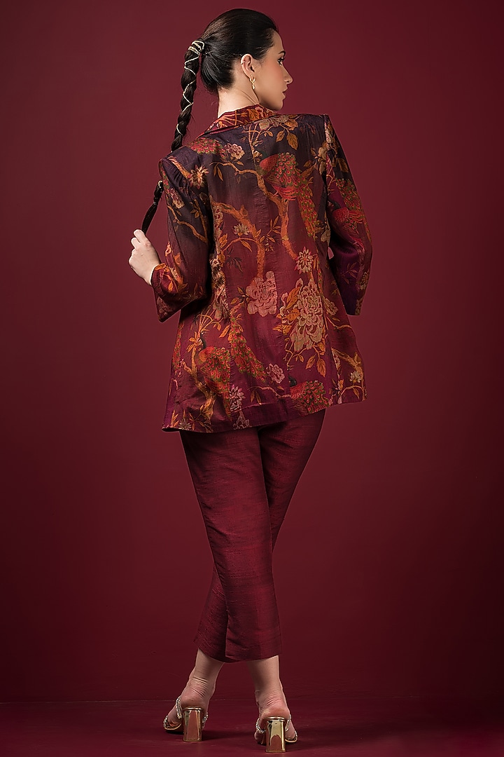 Maroon Semi Raw Silk Printed Blazer Set by Q by Sonia Baderia at Pernia's Pop Up Shop