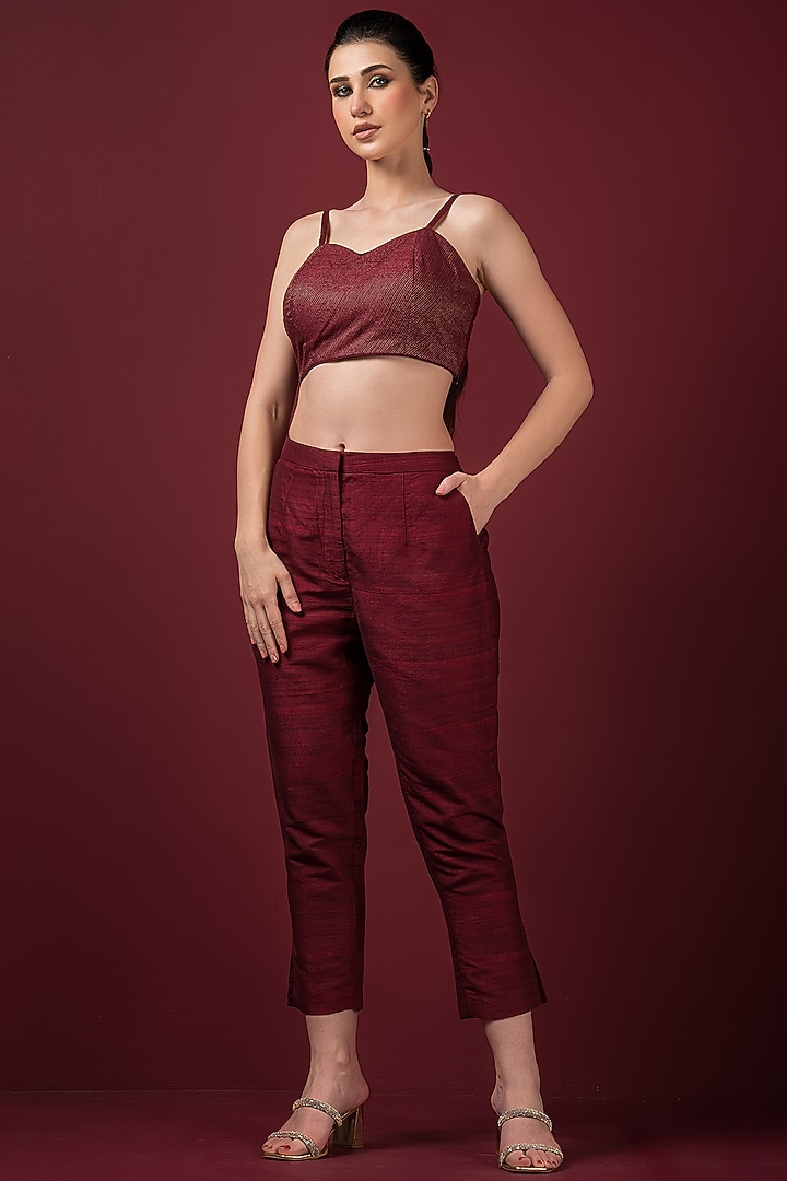 Maroon Semi Raw Silk Printed Blazer Set by Q by Sonia Baderia at Pernia's Pop Up Shop