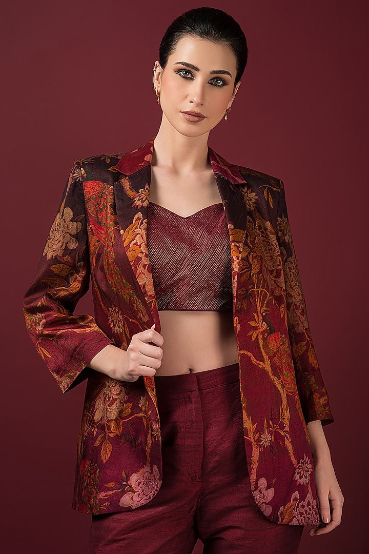 Maroon Semi Raw Silk Printed Blazer Set by Q by Sonia Baderia at Pernia's Pop Up Shop