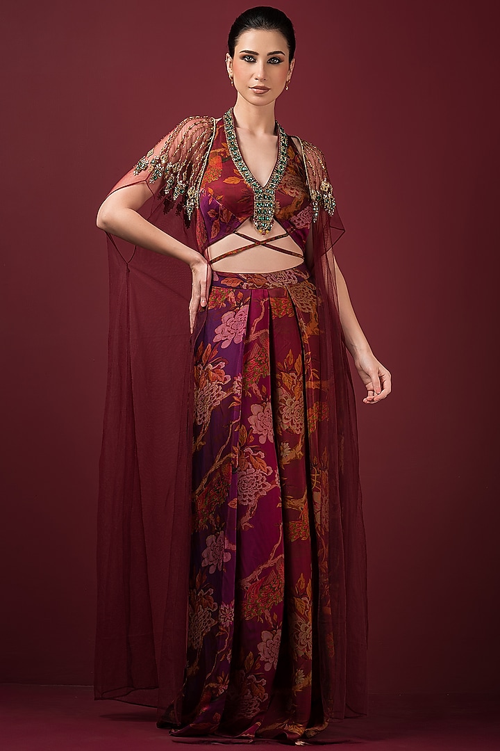 Maroon Net Mirror Embroidered Cape Set by Q by Sonia Baderia at Pernia's Pop Up Shop