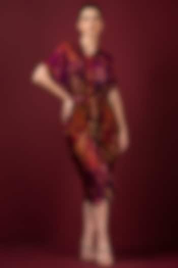 Maroon Satin Printed Draped Dress by Q by Sonia Baderia