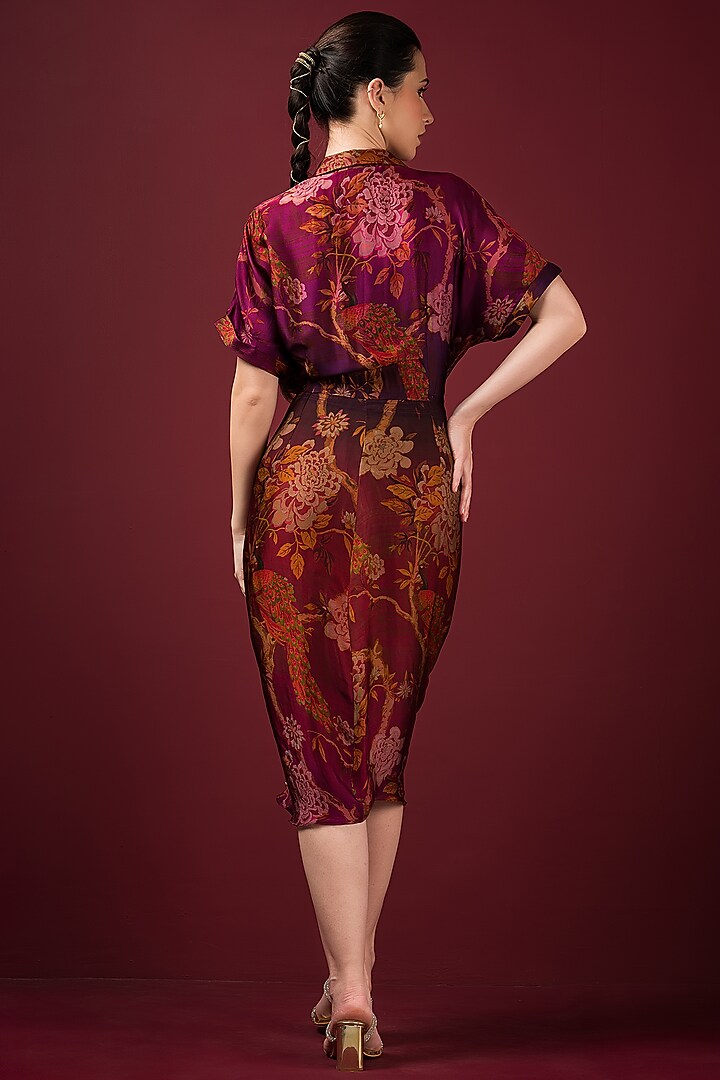 Maroon Satin Printed Draped Summer Dress by Q by Sonia Baderia at Pernia's Pop Up Shop