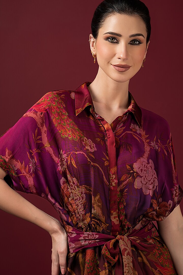 Maroon Satin Printed Draped Summer Dress by Q by Sonia Baderia at Pernia's Pop Up Shop