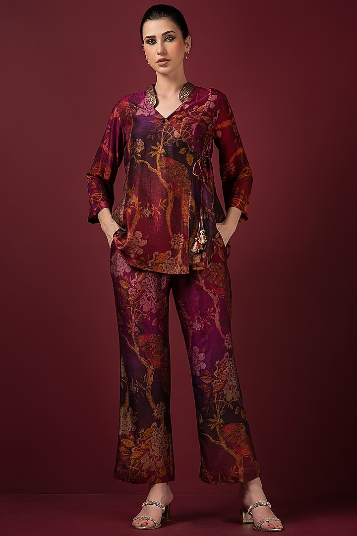 Maroon Semi Raw Silk Printed & Embroidered Co-Ord Set by Q by Sonia Baderia