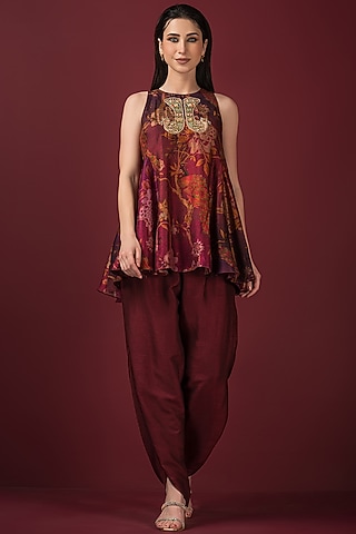 Maroon Satin Dhoti Set by Q by Sonia Baderia