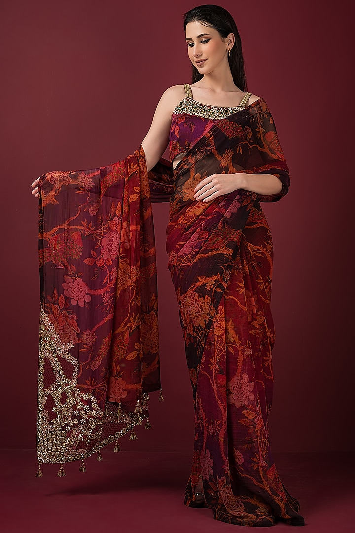 Maroon Chiffon Printed & Embroidered Saree Set by Q by Sonia Baderia