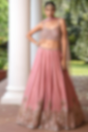 Onion Pink Embroidered Lehenga Set by Q by Sonia Baderia