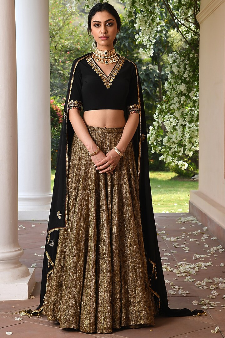 Pure Dark Gold Embroidered Wedding Lehenga Set by Q by Sonia Baderia at Pernia's Pop Up Shop
