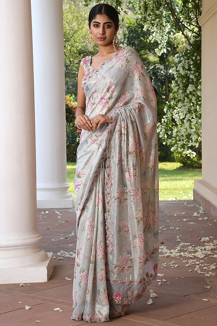 Aqua Blue Georgette Embroidered Saree Set by Q by Sonia Baderia