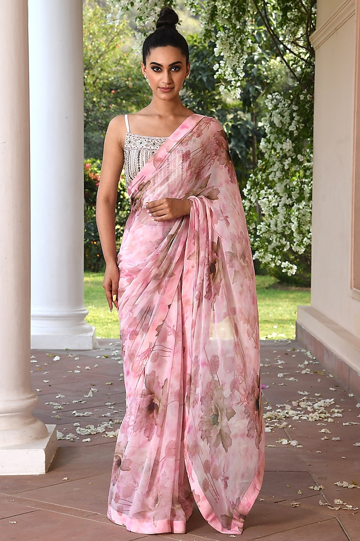 Pink Chiffon Embroidered Saree Set by Q by Sonia Baderia