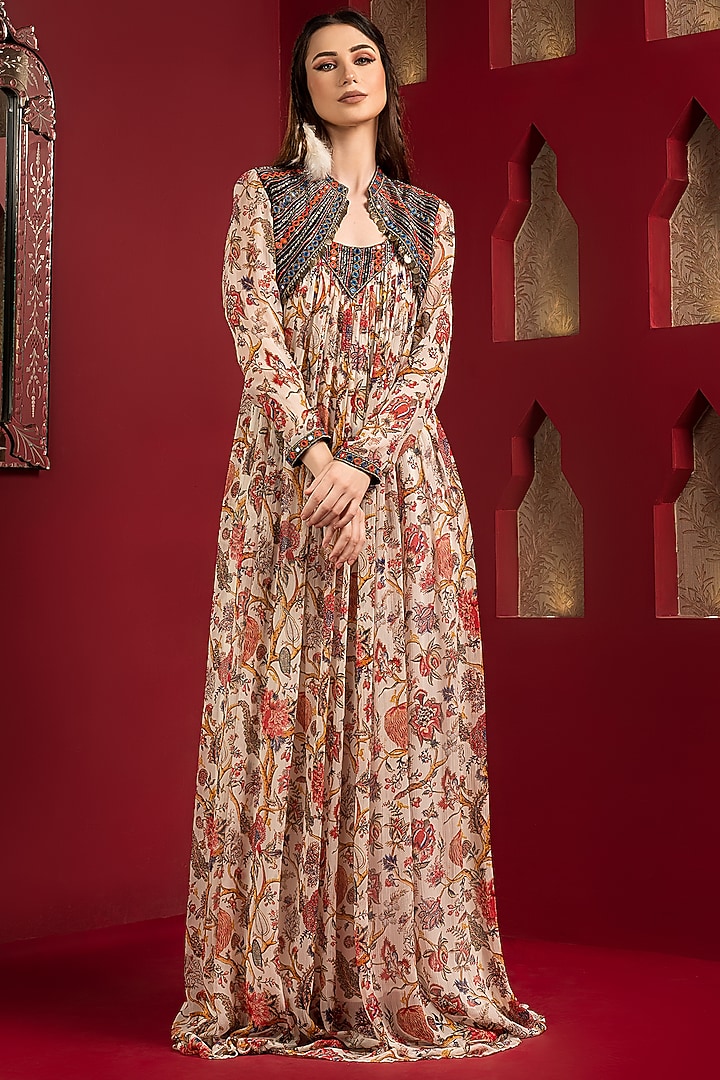 Off-White & Black Chiffon Printed Jacket Vacation Dress by Q by Sonia Baderia at Pernia's Pop Up Shop