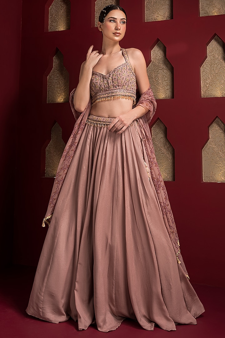 Pastel Pink Crepe Wedding Lehenga Set by Q by Sonia Baderia at Pernia's Pop Up Shop