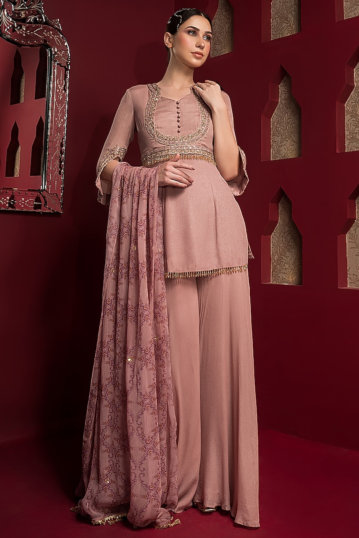 Pastel Pink Crepe Party Wear Sharara Set by Q by Sonia Baderia at Pernia's Pop Up Shop