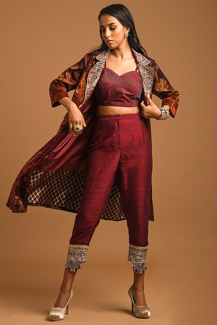 Maroon Embroidered Jacket Set by Q by Sonia Baderia
