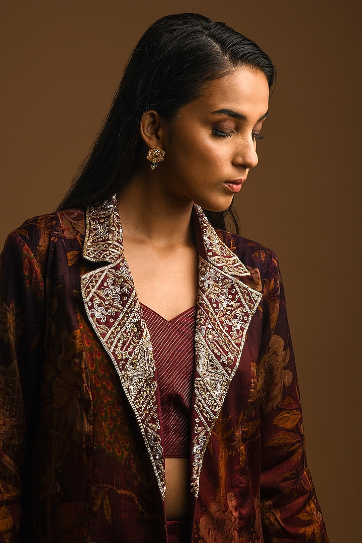 Maroon Embroidered Jacket Set by Q by Sonia Baderia at Pernia's Pop Up Shop