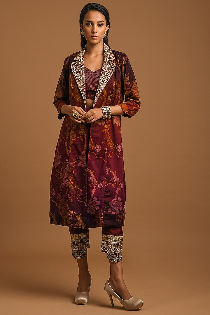 Maroon Embroidered Jacket Set by Q by Sonia Baderia at Pernia's Pop Up Shop