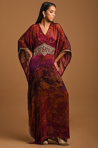 Maroon Silk Satin Kaftan by Q by Sonia Baderia