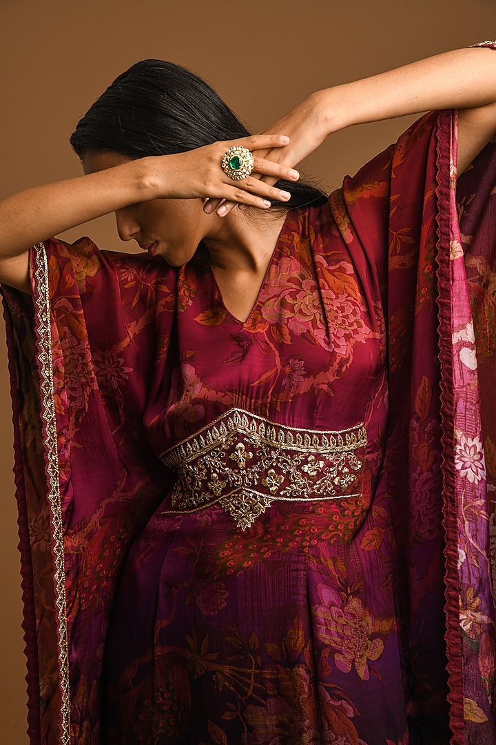 Maroon Silk Satin Kaftan by Q by Sonia Baderia at Pernia's Pop Up Shop