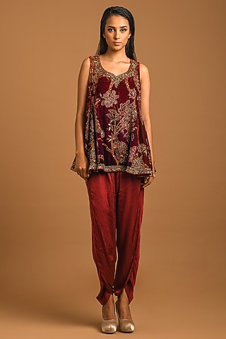 Maroon Satin Dhoti Set by Q by Sonia Baderia